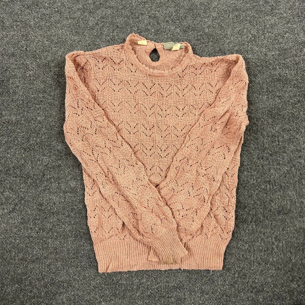 Vintage Sweater Womens Size S Pink Pointelle Knit Long Sleeve Keyhole Back Top
